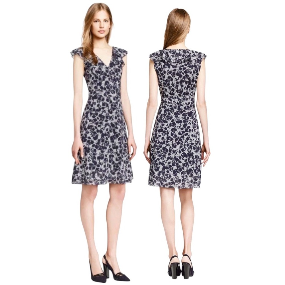 Tory Burch Marian Silk Blend Floral Flutter Sleeve Dress Saphire Blue Thistle 2
